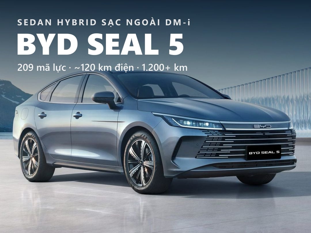 BYD Seal 5 DM-i – Sedan hybrid sạc ngoài hạng C: tổng công suất 209 mã lực, pin Blade 18,3 kWh, chạy thuần điện khoảng 120 km, tổng quãng đường hơn 1.200 km